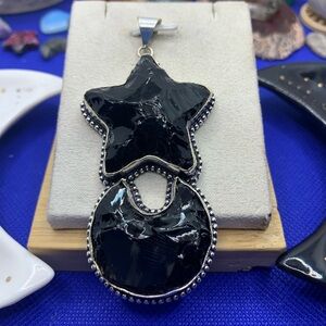 Striking Obsidian Star & Moon Pendant w Chain, 925 Sterling Overlay, Handmade!